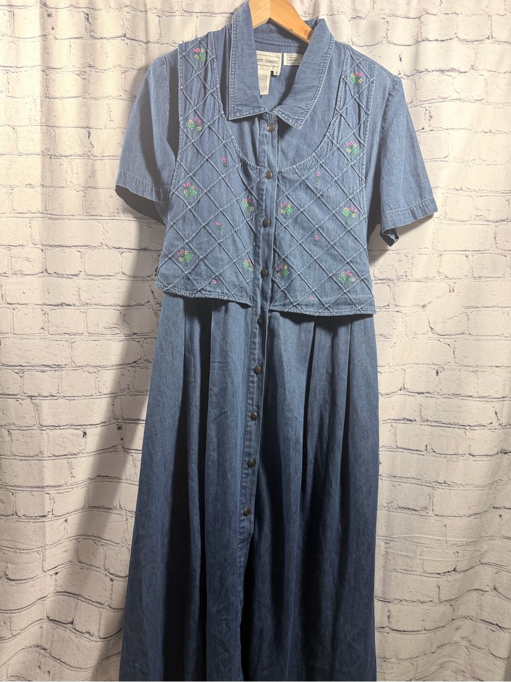 karin stevens Blue Denim Button-Front Dress with Embroidered Built In Vest